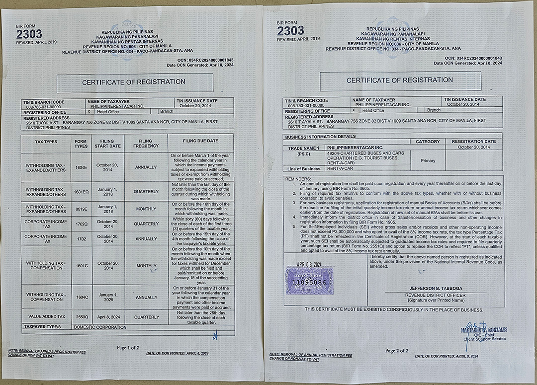 BIR Certificate of Registration 2303